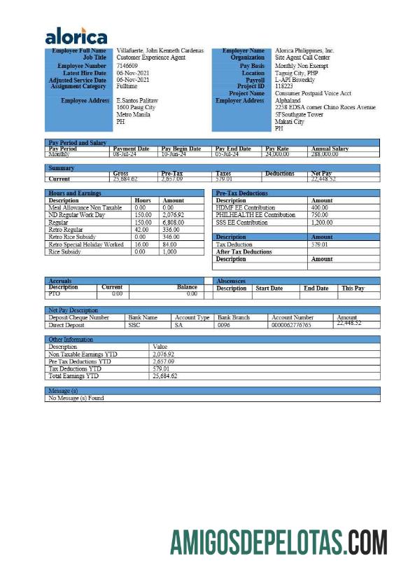 Para download Modelo de recibo de pagamento da Alorica Filipinas em formatos Word e PDF.pdf, 1